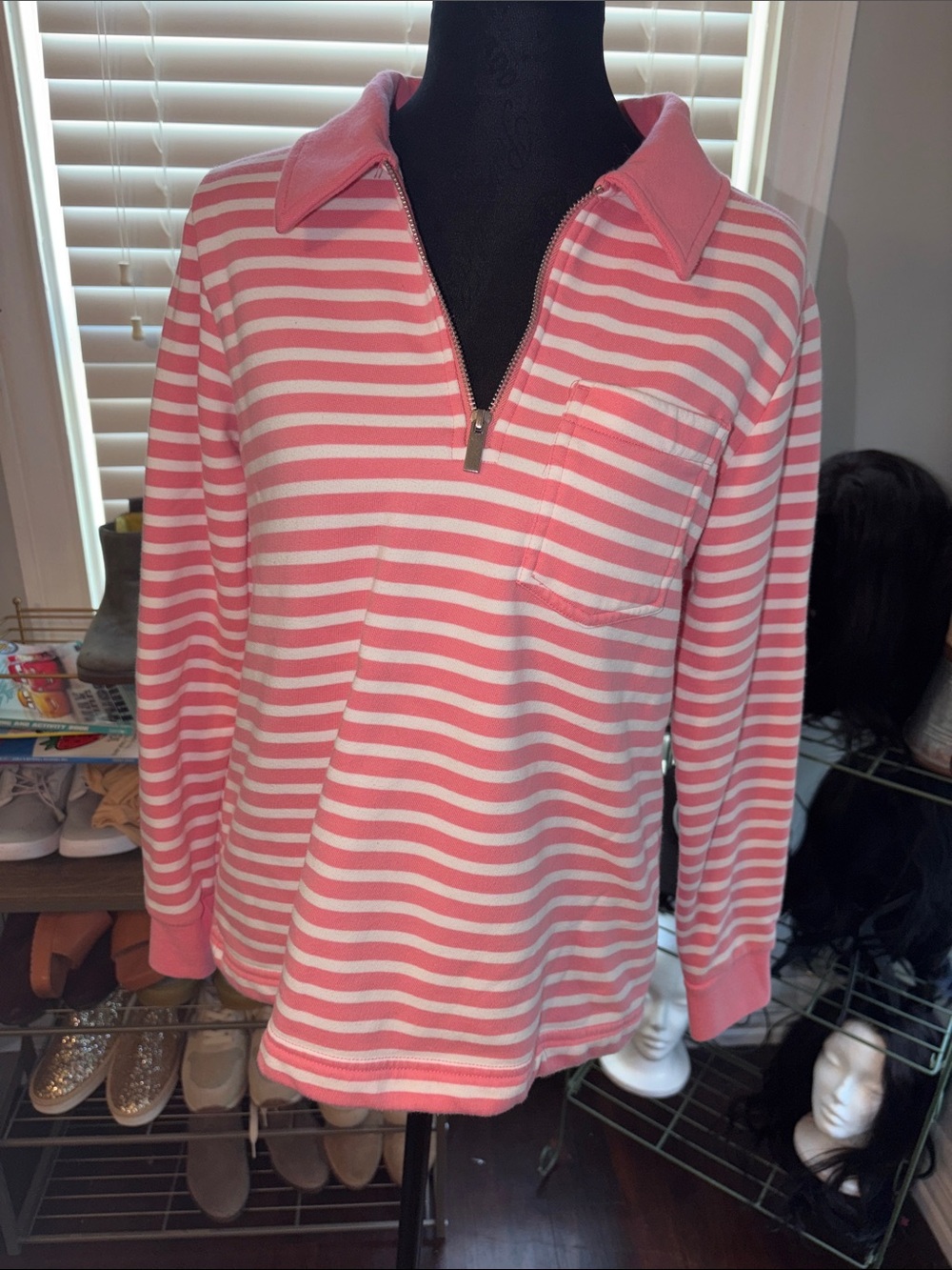 Lands' End  Pink and White Striped quarter zip Hoodie